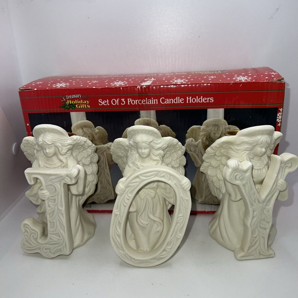 JOY Angel Cherub Taper Candle Stick Holders Porcelain Set of 3‎ Christmas
